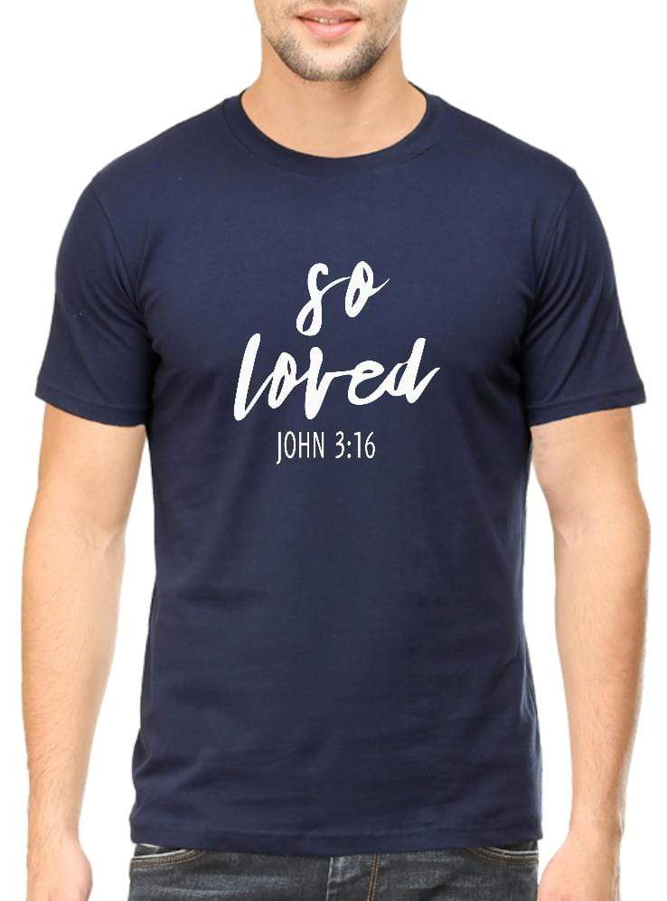 Living Words Men Round Neck T Shirt S / Navy Blue So Loved - Christian T-Shirt