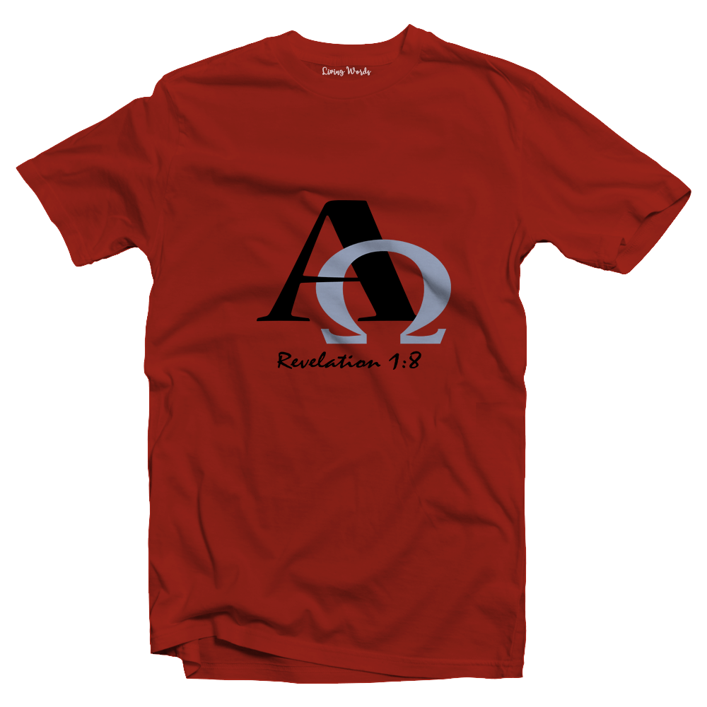 Living Words Men Round Neck T Shirt S / Red Alpha and Omega - Christian T-Shirt