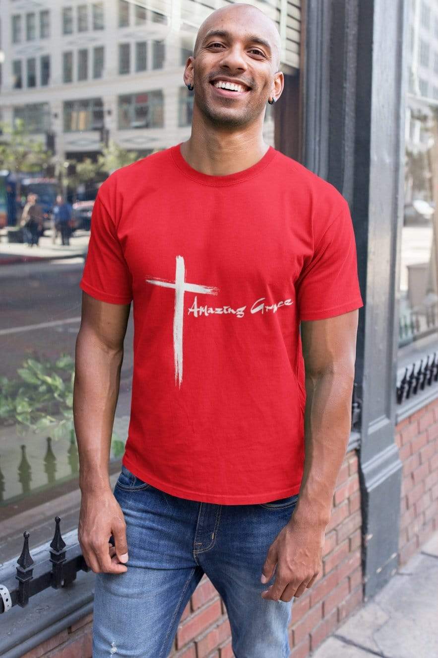 Living Words Men Round Neck T Shirt S / Red Amazing Grace Cross - Christian T-Shirt