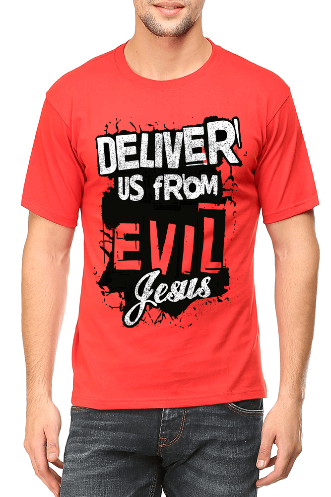 Living Words Men Round Neck T Shirt S / Red Deliver us from evil - Christian T-Shirt