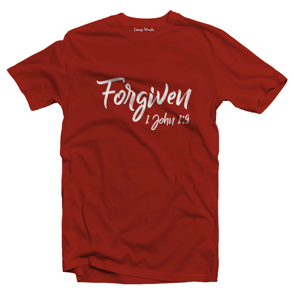 Living Words Men Round Neck T Shirt S / Red Forgiven 1 John 1:9 - Christian T-Shirt