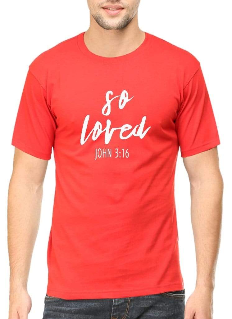 Living Words Men Round Neck T Shirt S / Red So Loved - Christian T-Shirt