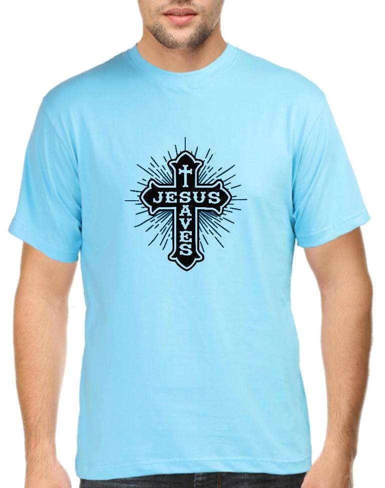Living Words Men Round Neck T Shirt S / Sky Blue Jesus saves - Christian T-Shirt