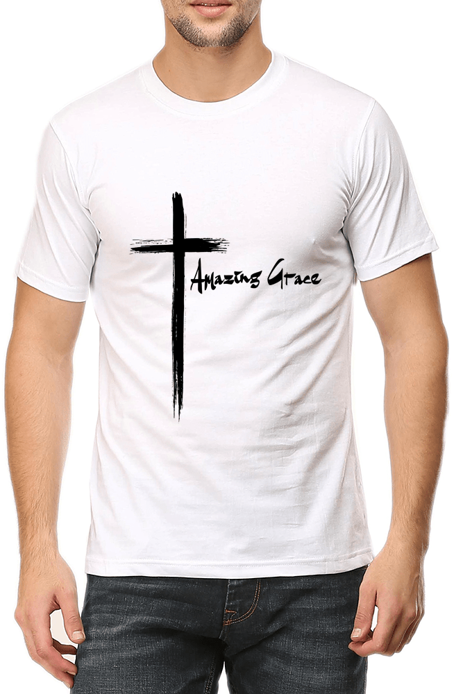Living Words Men Round Neck T Shirt S / White Amazing Grace Cross - Christian T-Shirt