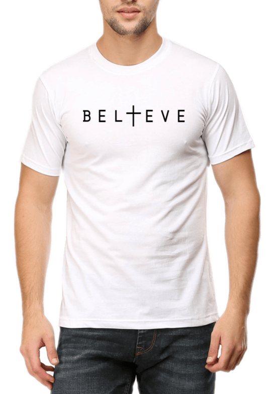 Living Words Men Round Neck T Shirt S / White BELIEVE - CHRISTIAN T-SHIRT