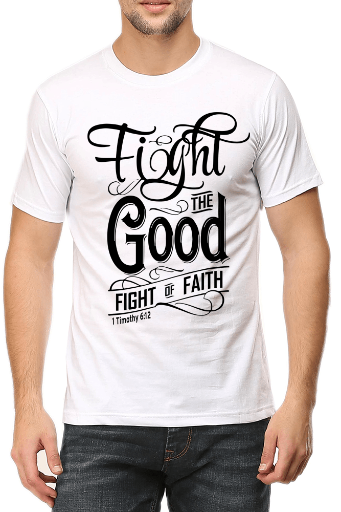 Living Words Men Round Neck T Shirt S / White Fight the good (retro) - Christian T-Shirt