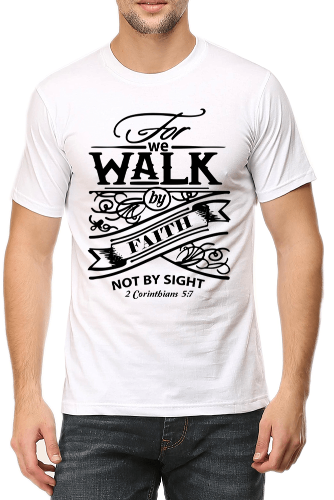 Living Words Men Round Neck T Shirt S / White For we walk by Faith - Christian T-Shirt