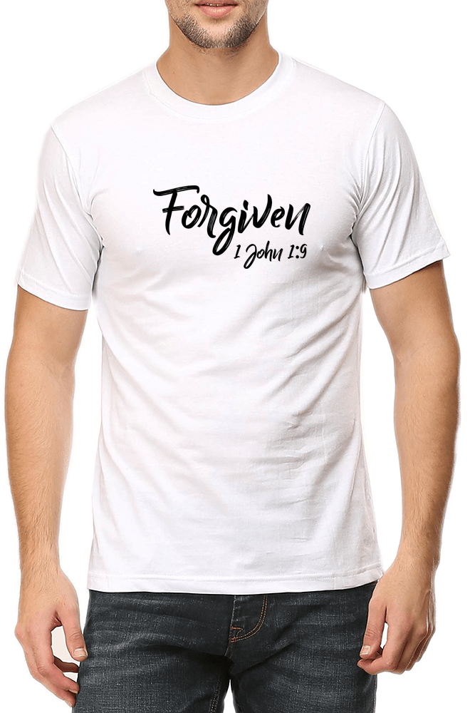 Living Words Men Round Neck T Shirt S / White Forgiven 1 John 1:9 - Christian T-Shirt
