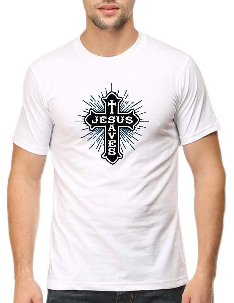 Living Words Men Round Neck T Shirt S / White Jesus saves - Christian T-Shirt
