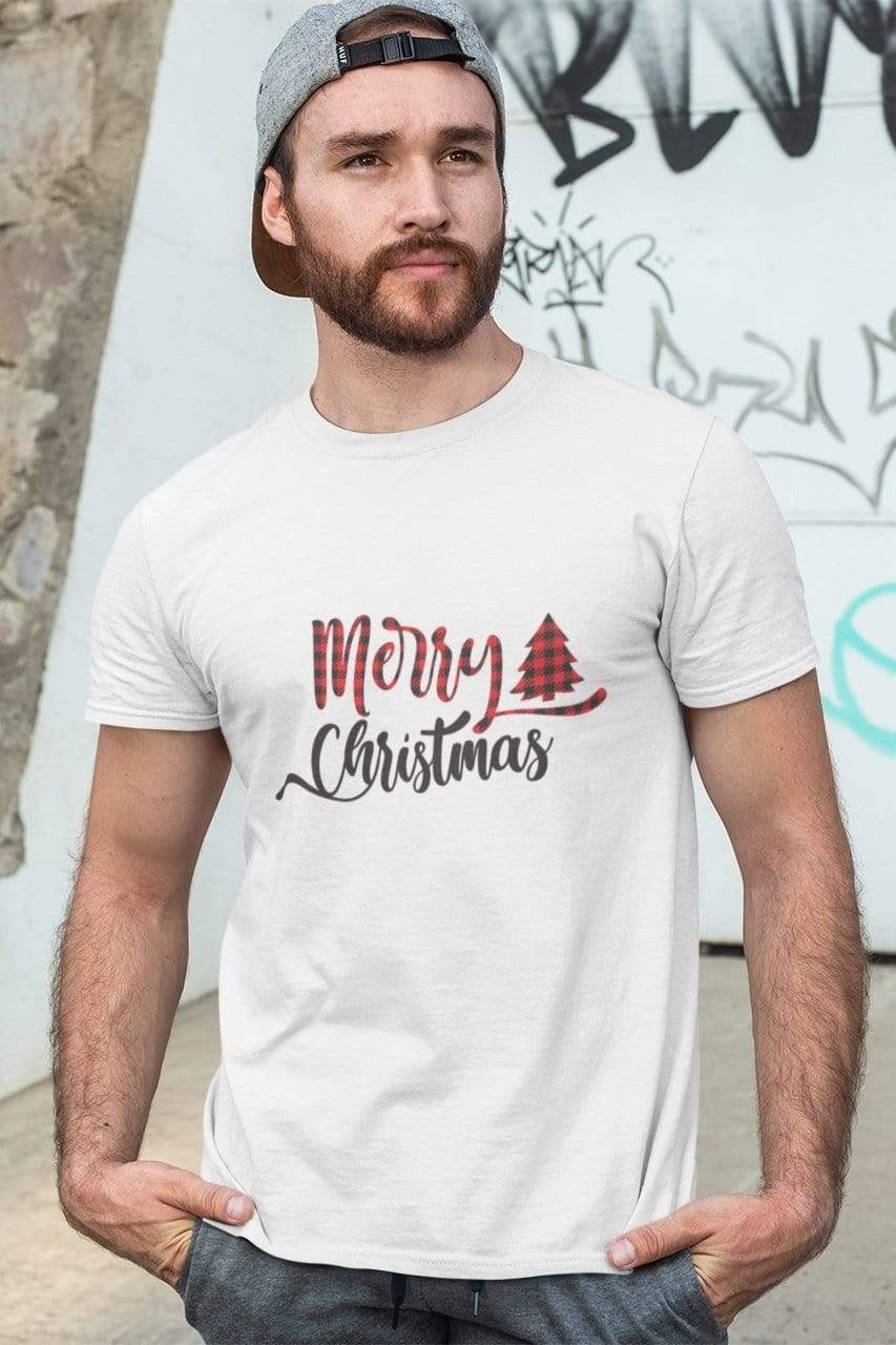 Living Words Men Round Neck T Shirt S / White Merry Christmas Buffalo Plaid