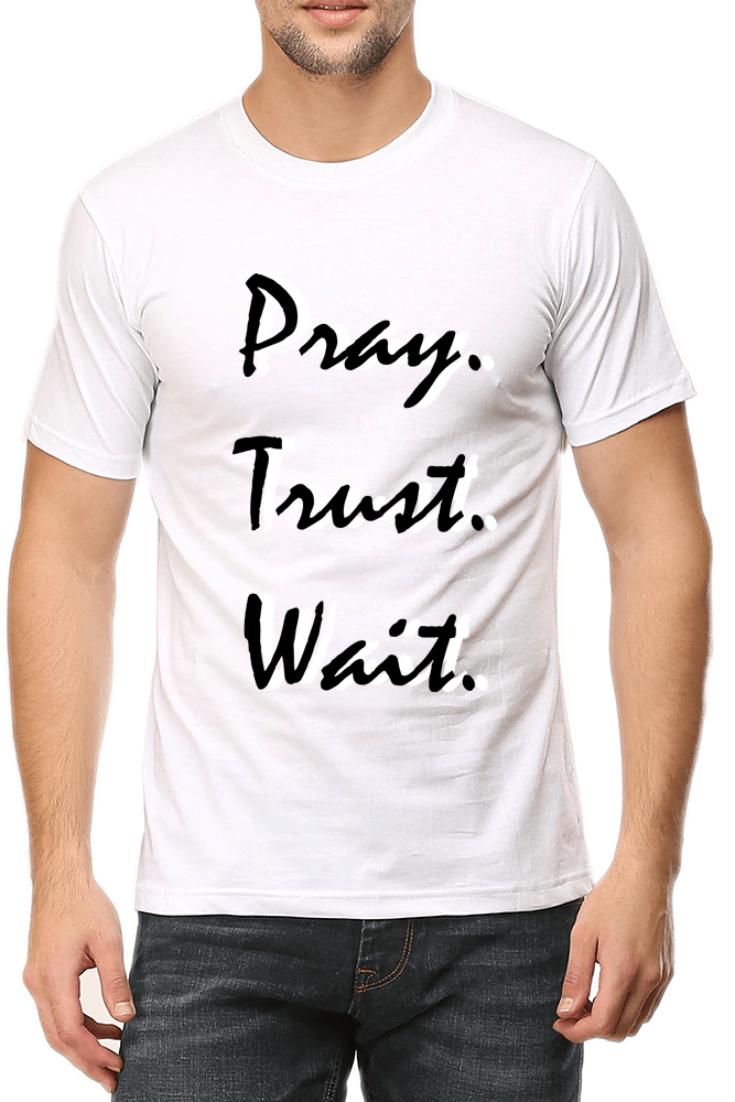 Living Words Men Round Neck T Shirt S / White Pray Trust Wait - Christian T-Shirt