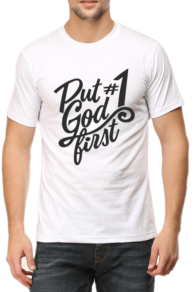 Living Words Men Round Neck T Shirt S / White Put God #1 - Christian T-Shirt