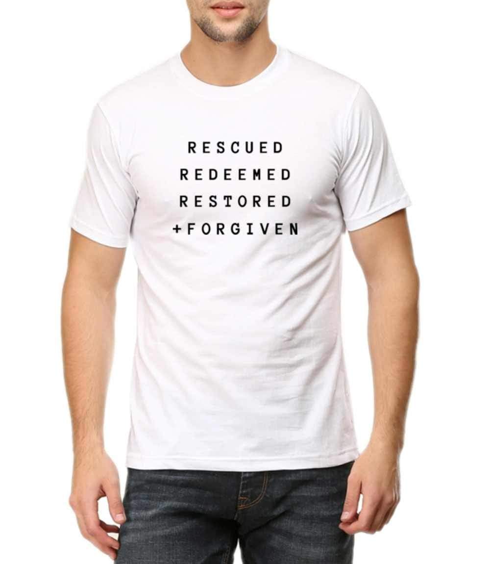 Living Words Men Round Neck T Shirt S / White Rescued,Redemeed,Restored - Christian T-Shirt