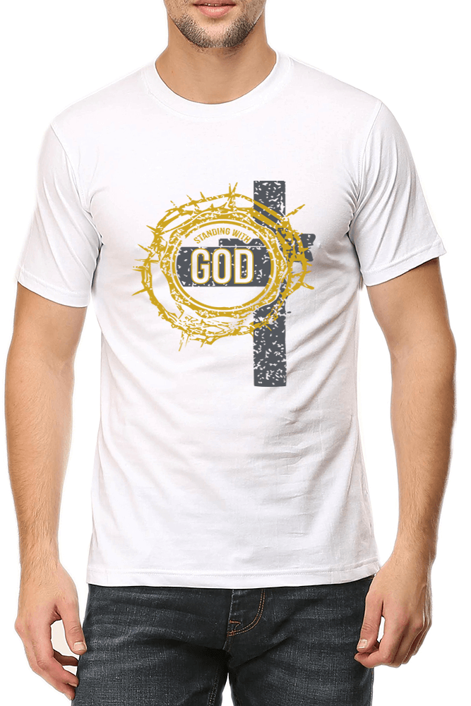 Living Words Men Round Neck T Shirt S / White Standing with God - Christian T-Shirt