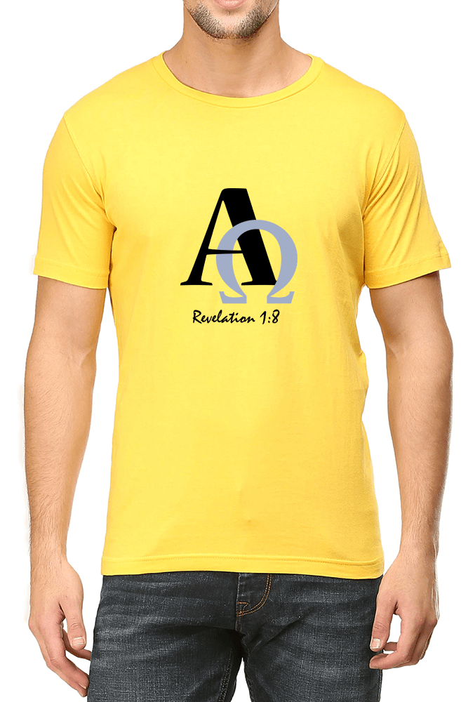 Living Words Men Round Neck T Shirt S / Yellow Alpha and Omega - Christian T-Shirt