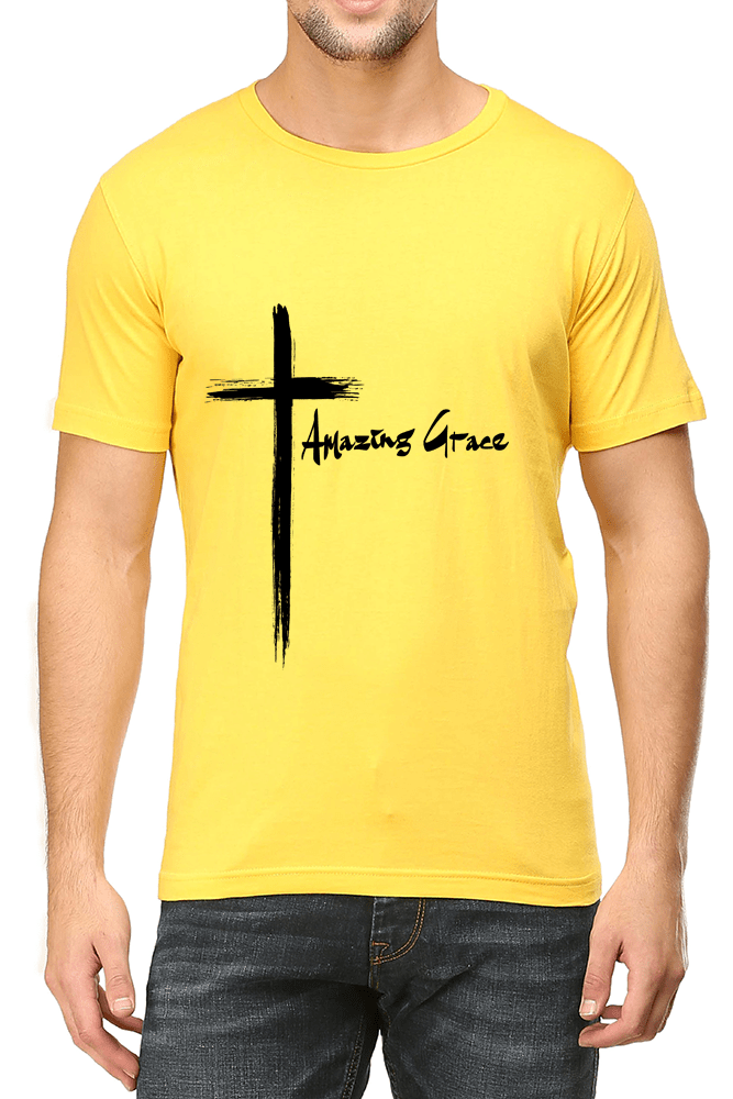 Living Words Men Round Neck T Shirt S / Yellow Amazing Grace Cross - Christian T-Shirt