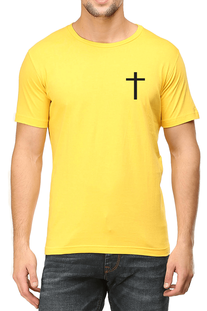 Living Words Men Round Neck T Shirt S / Yellow Cross - Christian T-Shirt