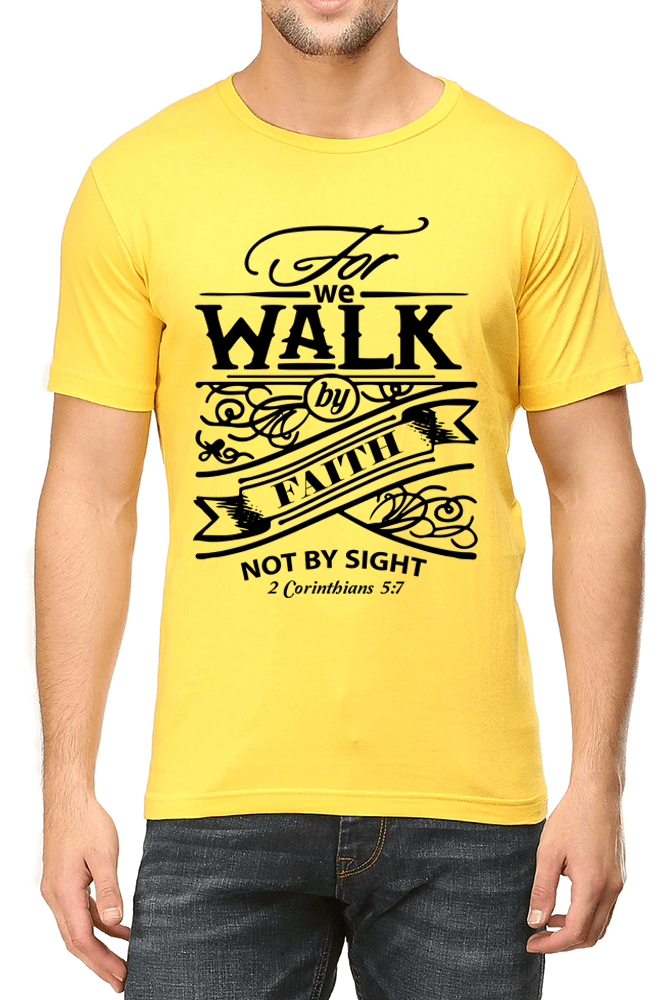 Living Words Men Round Neck T Shirt S / Yellow For we walk by Faith - Christian T-Shirt