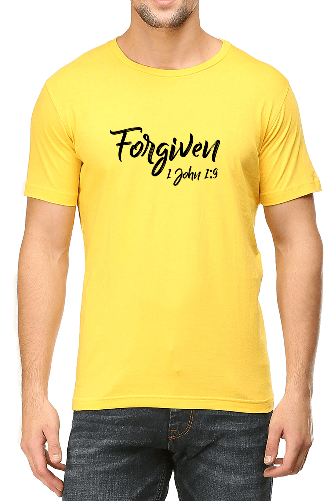 Living Words Men Round Neck T Shirt S / Yellow Forgiven 1 John 1:9 - Christian T-Shirt
