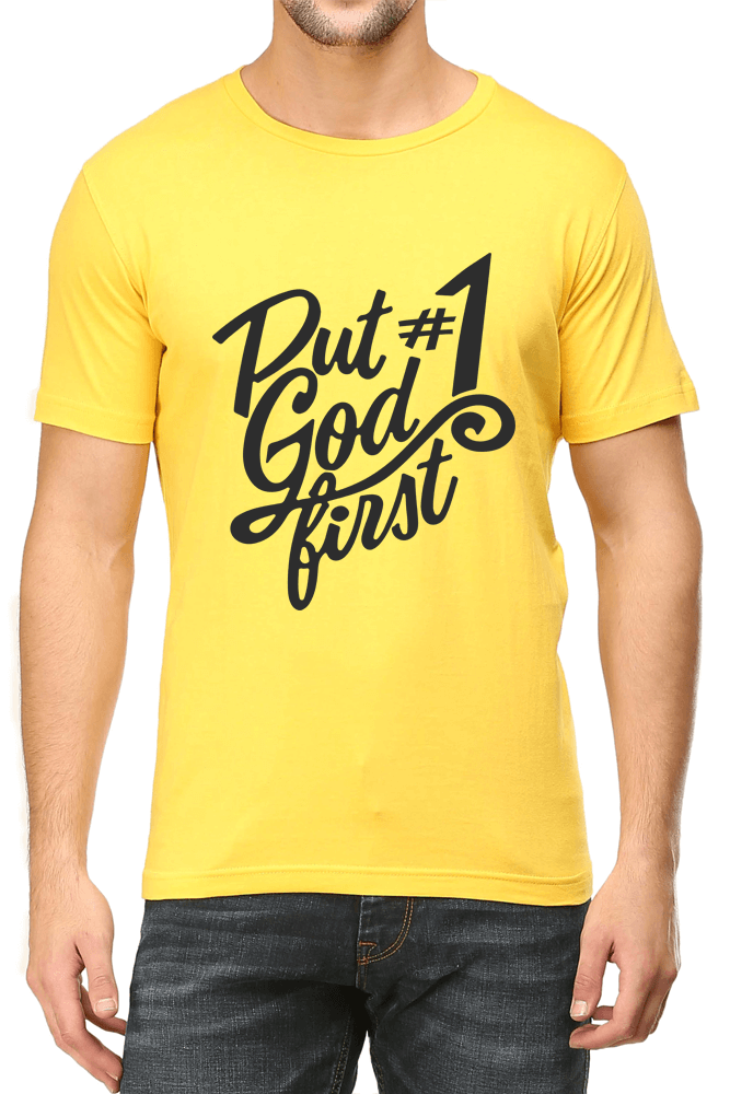 Living Words Men Round Neck T Shirt S / Yellow Put God #1 - Christian T-Shirt