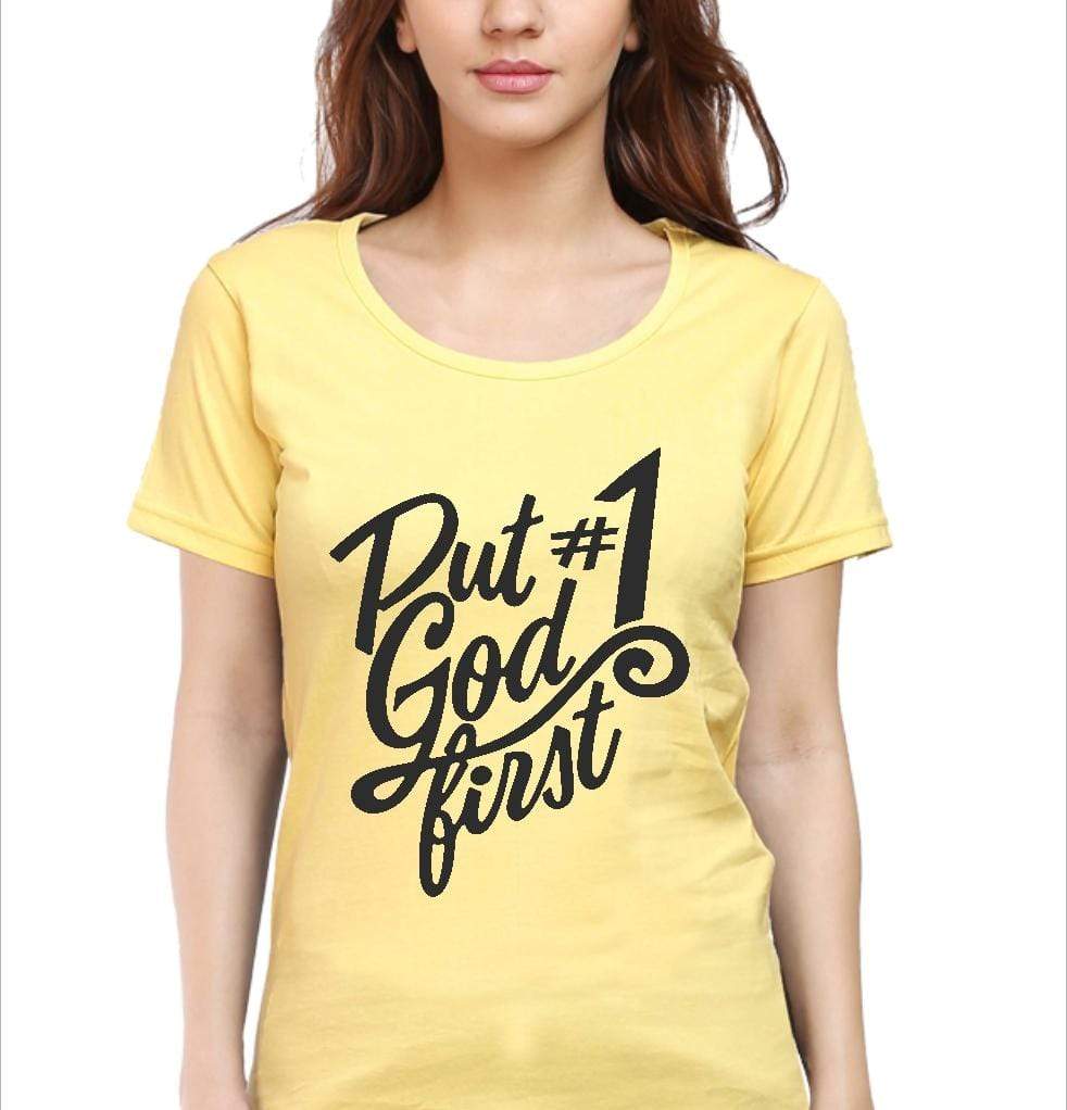 Living Words Women Round Neck T Shirt Put God #1 - Christian T-Shirt