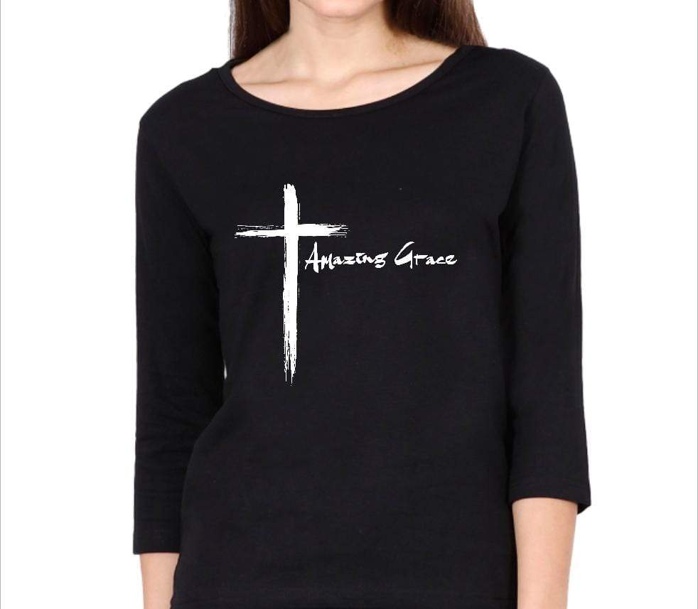 Living Words Women Round Neck T Shirt S / Black Amazing Grace - Cross