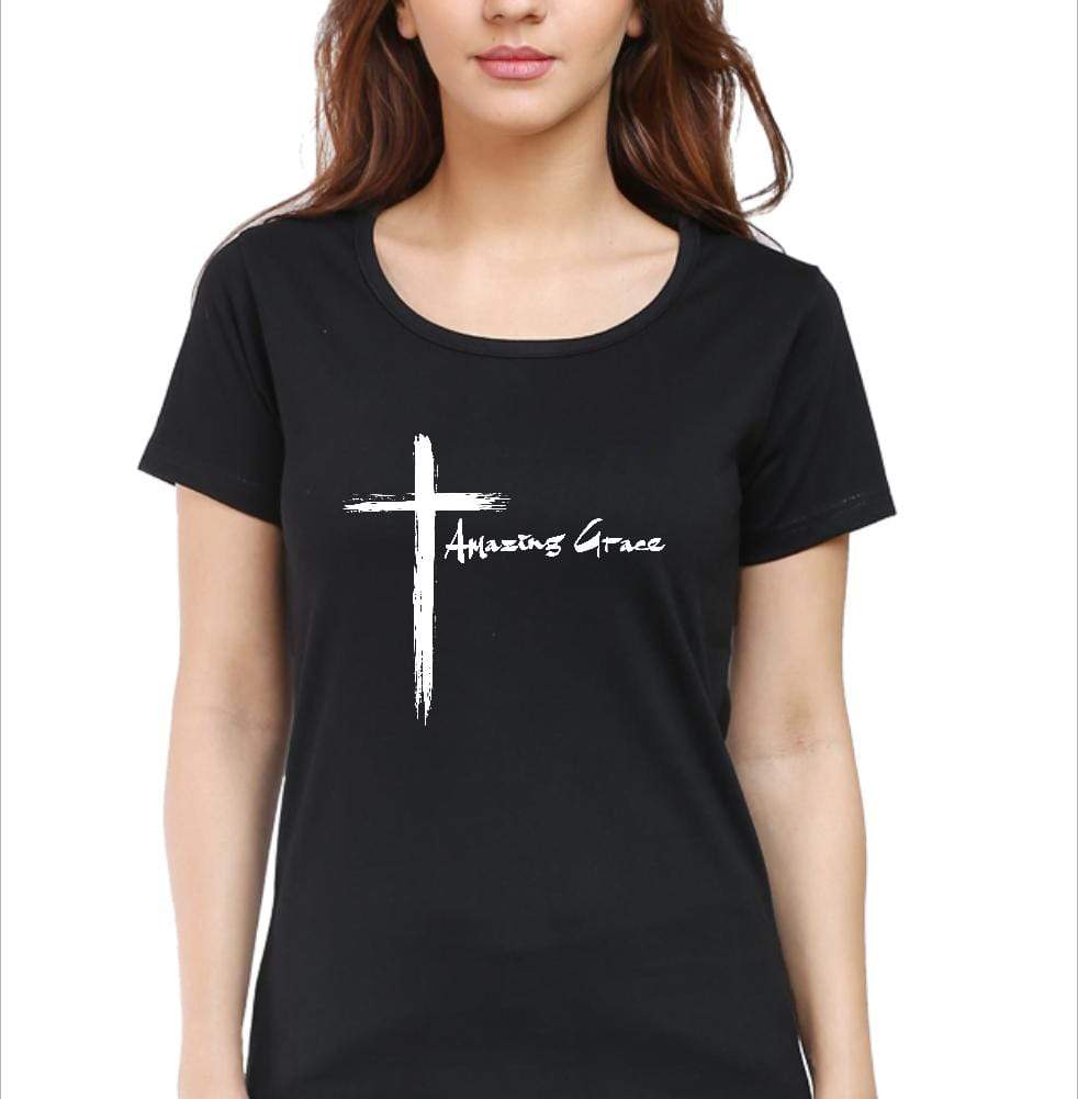 Living Words Women Round Neck T Shirt S / Black Amazing Grace Cross - Christian T-Shirt