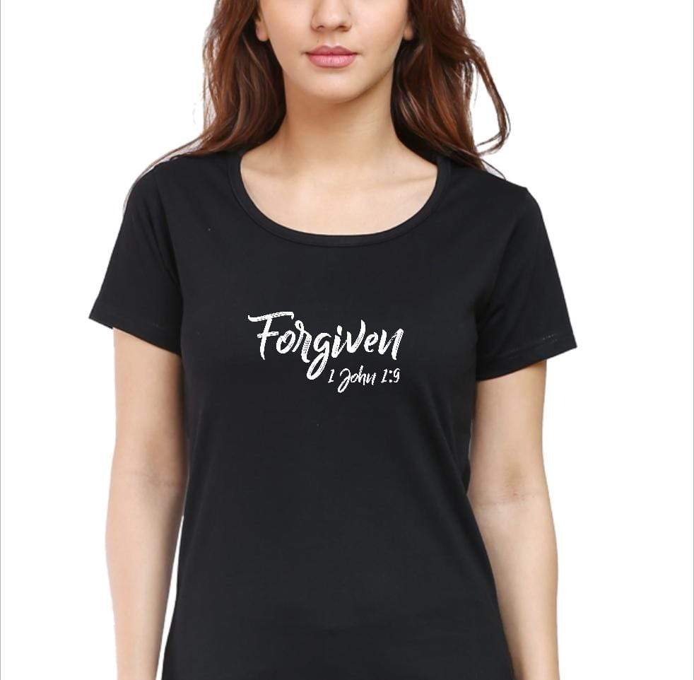 Living Words Women Round Neck T Shirt S / Black Forgiven 1 John 1:9 - Christian T-Shirt