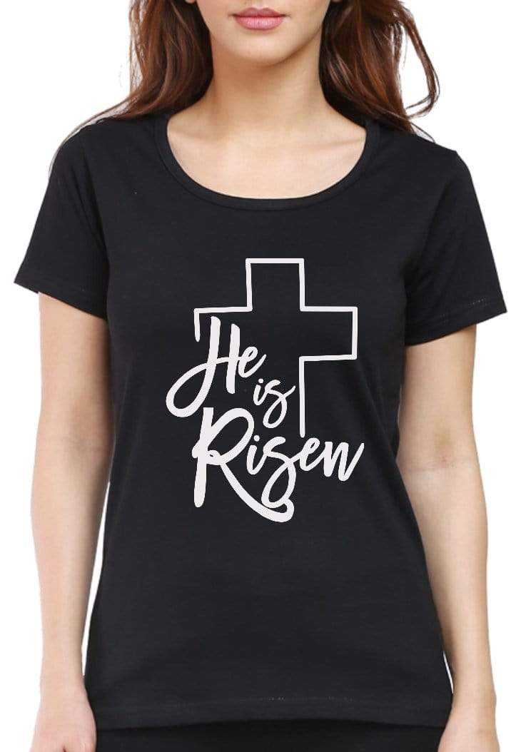 Living Words Women Round Neck T Shirt S / Black He is risen - Christian T-Shirt