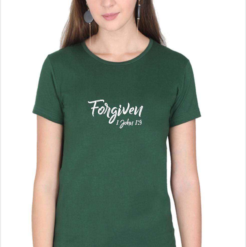 Living Words Women Round Neck T Shirt S / Green Forgiven 1 John 1:9 - Christian T-Shirt
