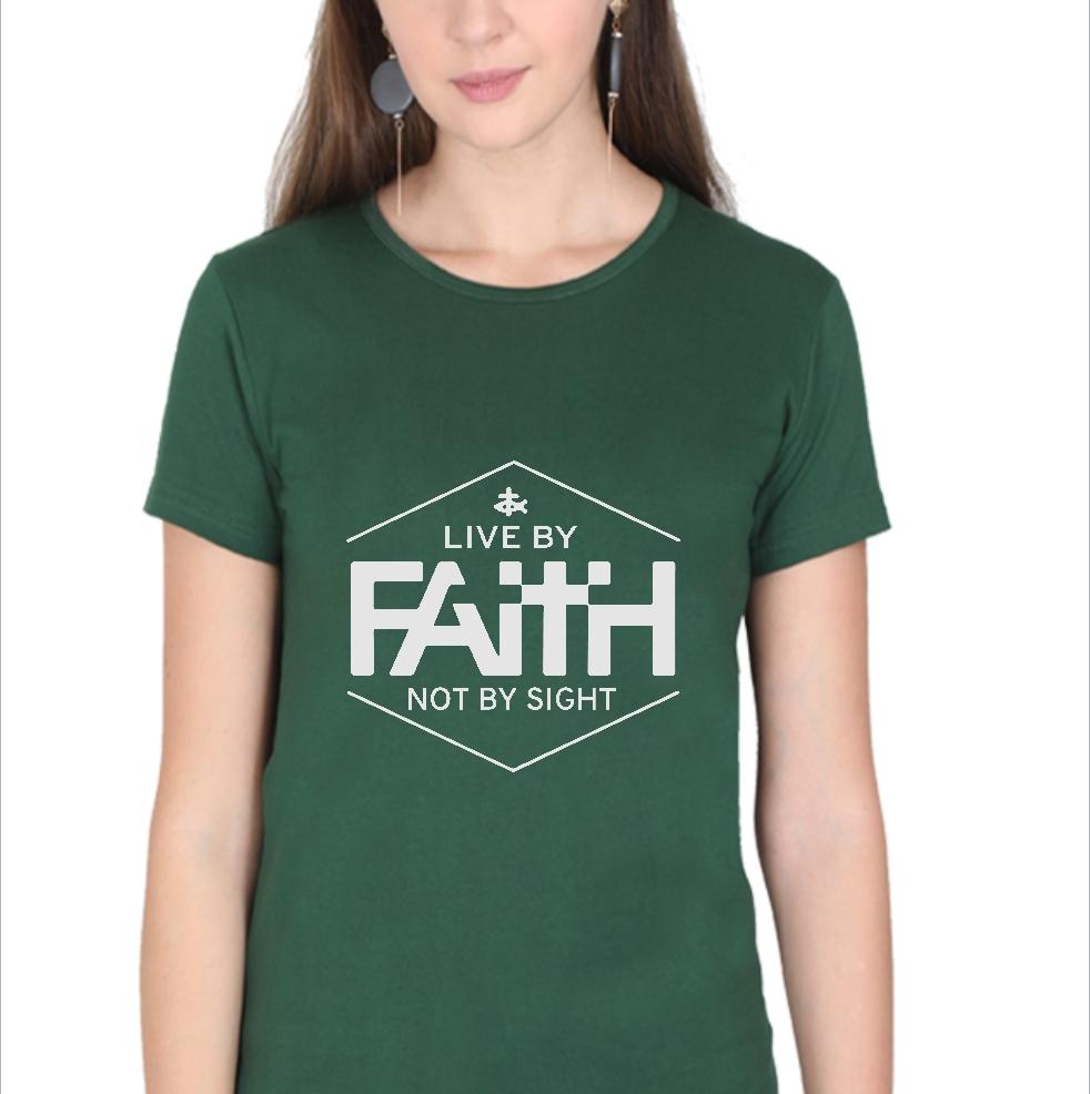 Living Words Women Round Neck T Shirt S / Green Live by faith - Christian T-Shirt