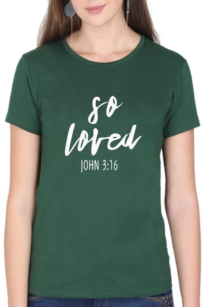 Living Words Women Round Neck T Shirt S / Green So Loved - Christian T-Shirt