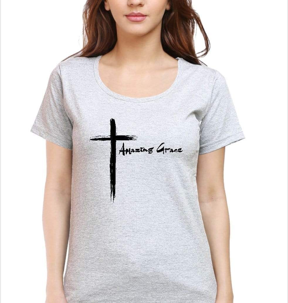 Living Words Women Round Neck T Shirt S / Grey Amazing Grace Cross - Christian T-Shirt