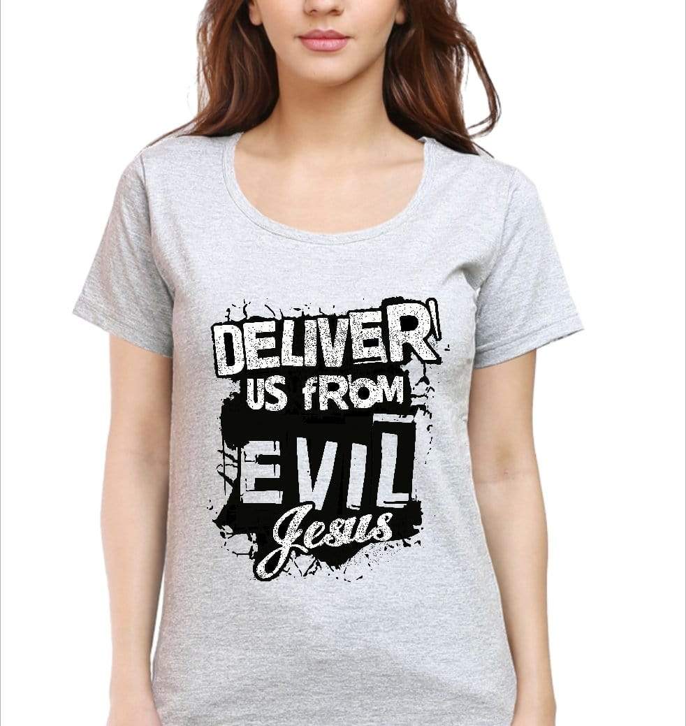 Living Words Women Round Neck T Shirt S / Grey Deliver us from evil - Christian T-Shirt