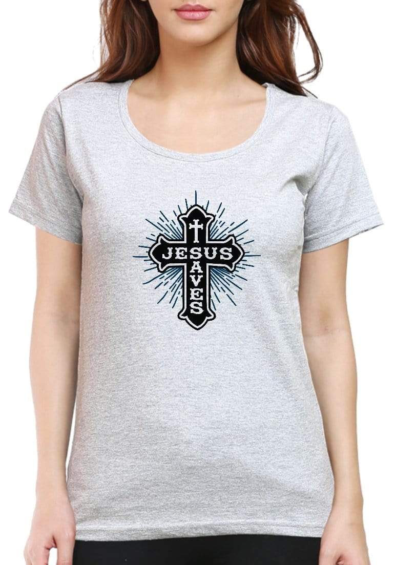 Living Words Women Round Neck T Shirt S / Grey Jesus saves - Christian T-Shirt