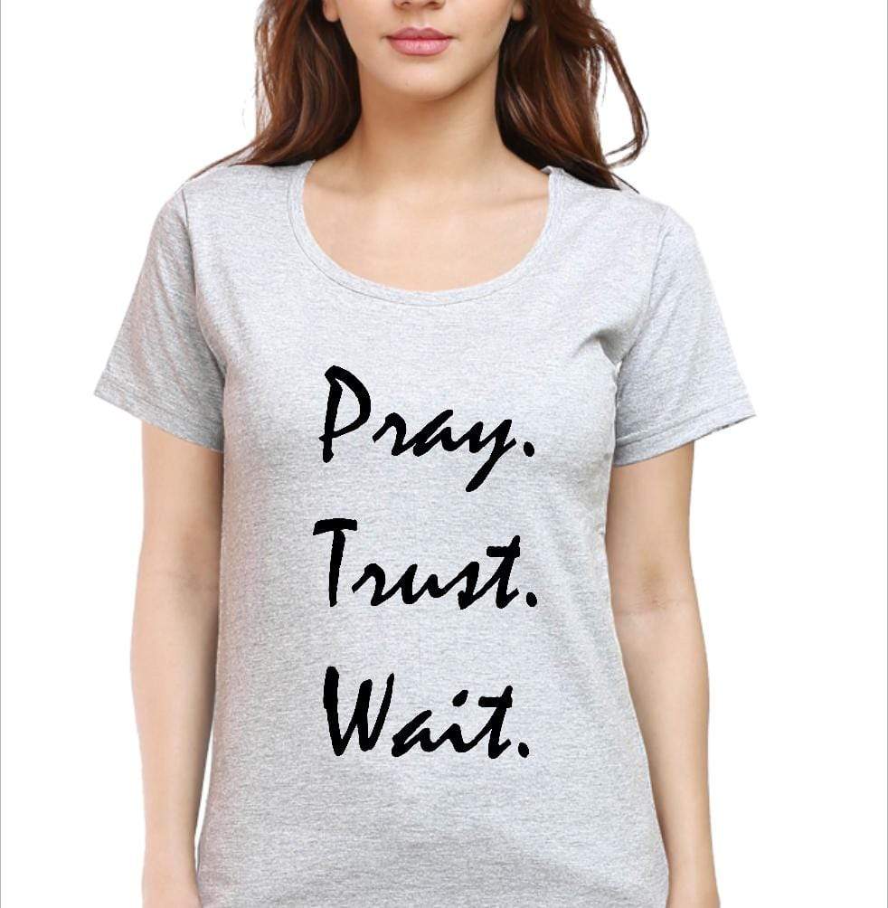 Living Words Women Round Neck T Shirt S / Grey Pray Trust Wait - Christian T-Shirt