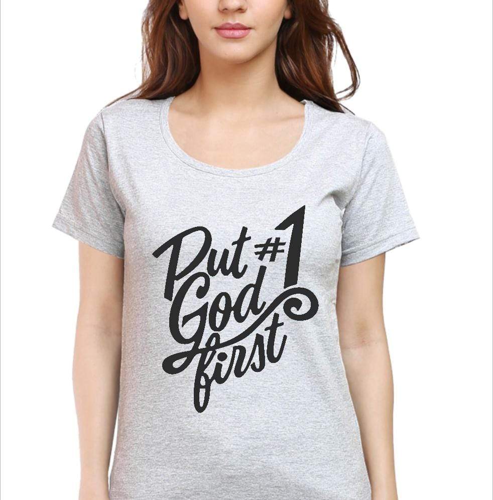 Living Words Women Round Neck T Shirt S / Grey Put God #1 - Christian T-Shirt