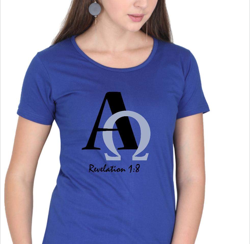 Living Words Women Round Neck T Shirt S / Light Blue Alpha and Omega - Christian T-Shirt