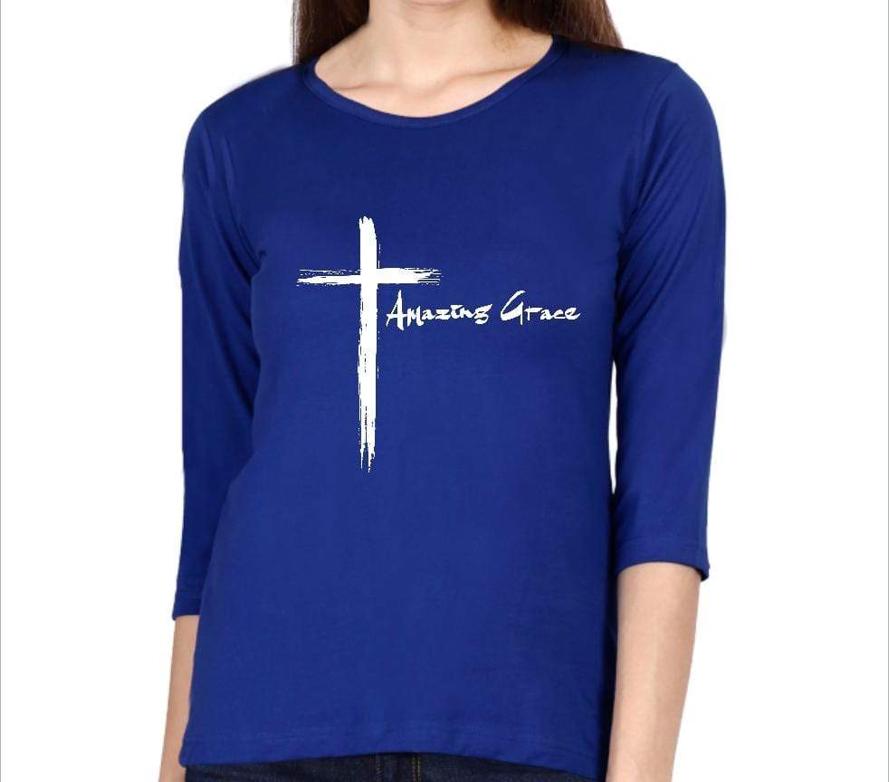 Living Words Women Round Neck T Shirt S / Light Blue Amazing Grace - Cross