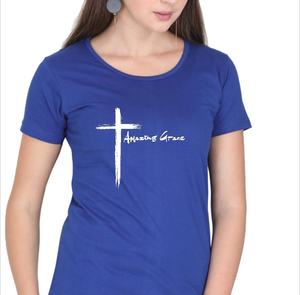 Living Words Women Round Neck T Shirt S / Light Blue Amazing Grace Cross - Christian T-Shirt