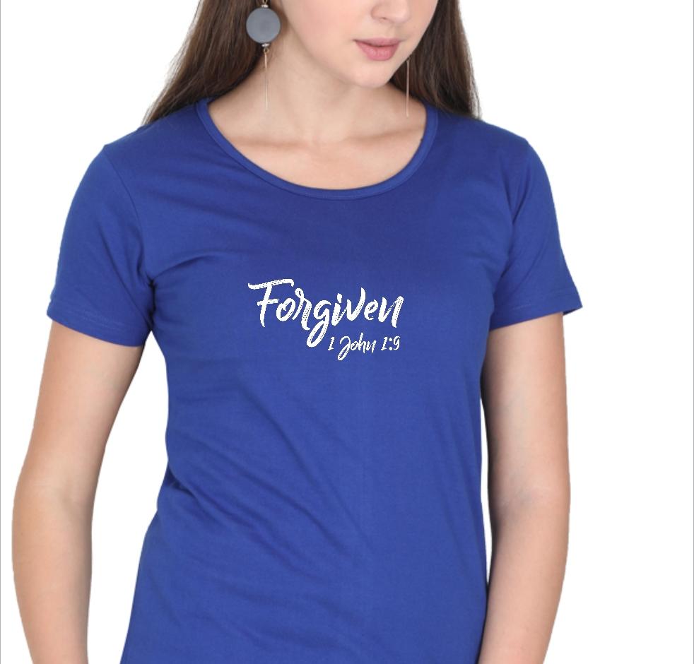 Living Words Women Round Neck T Shirt S / Light Blue Forgiven 1 John 1:9 - Christian T-Shirt