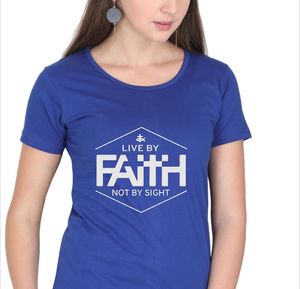 Living Words Women Round Neck T Shirt S / Light Blue Live by faith - Christian T-Shirt