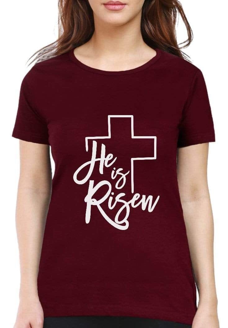 Living Words Women Round Neck T Shirt S / Maroon He is risen - Christian T-Shirt
