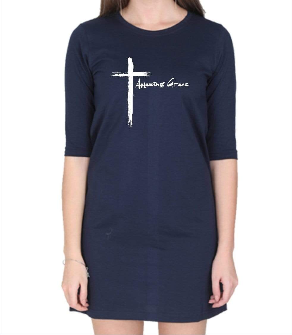 Living Words Women Round Neck T Shirt S / Navy Blue Amazing Grace - Cross