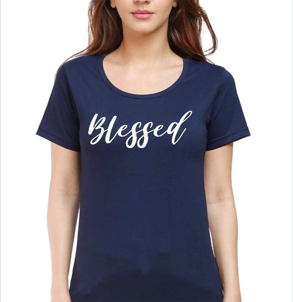 Living Words Women Round Neck T Shirt S / Navy Blue Blessed - Christian-T-Shirt