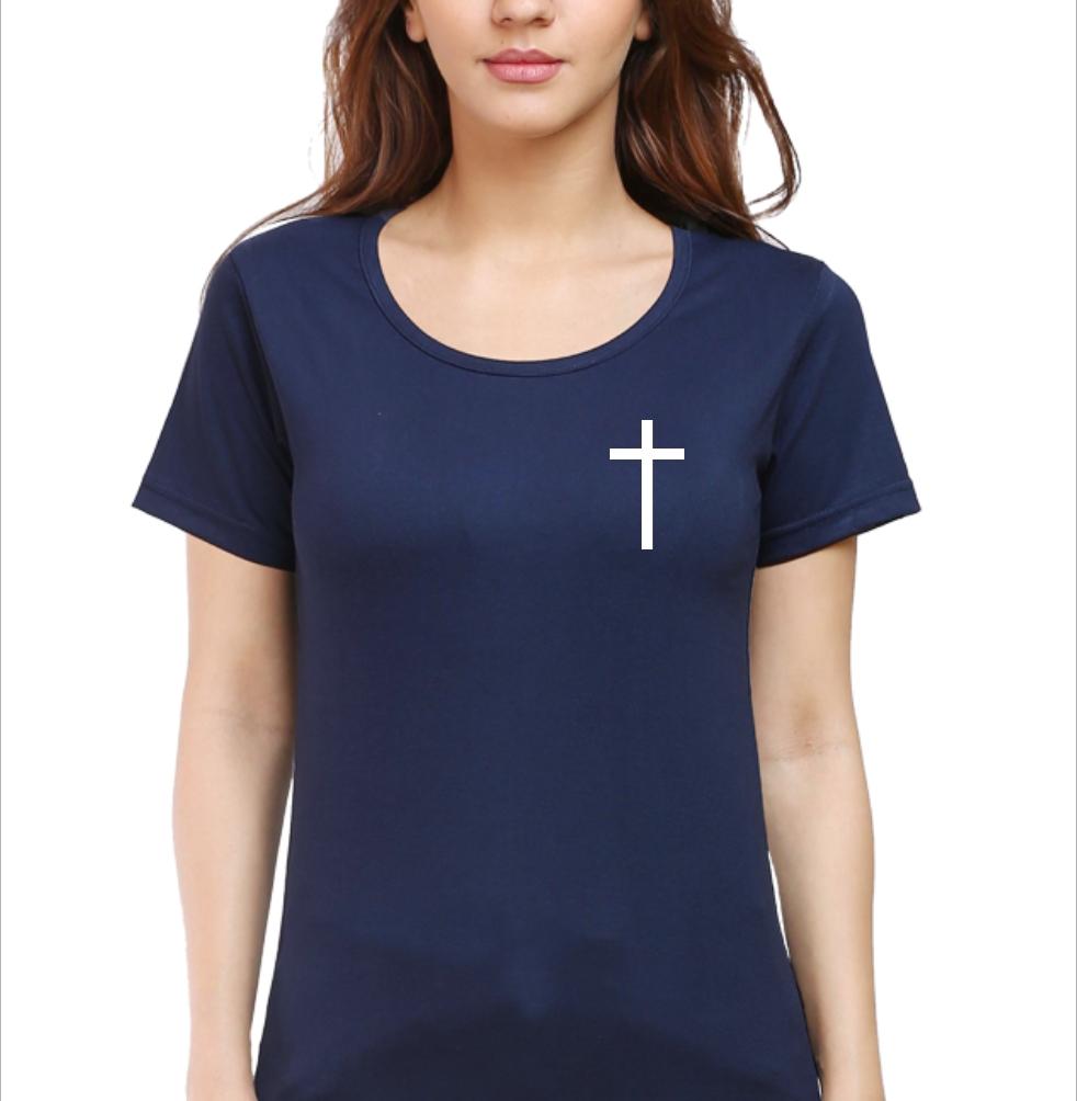Living Words Women Round Neck T Shirt S / Navy Blue Cross - Christian T-Shirt