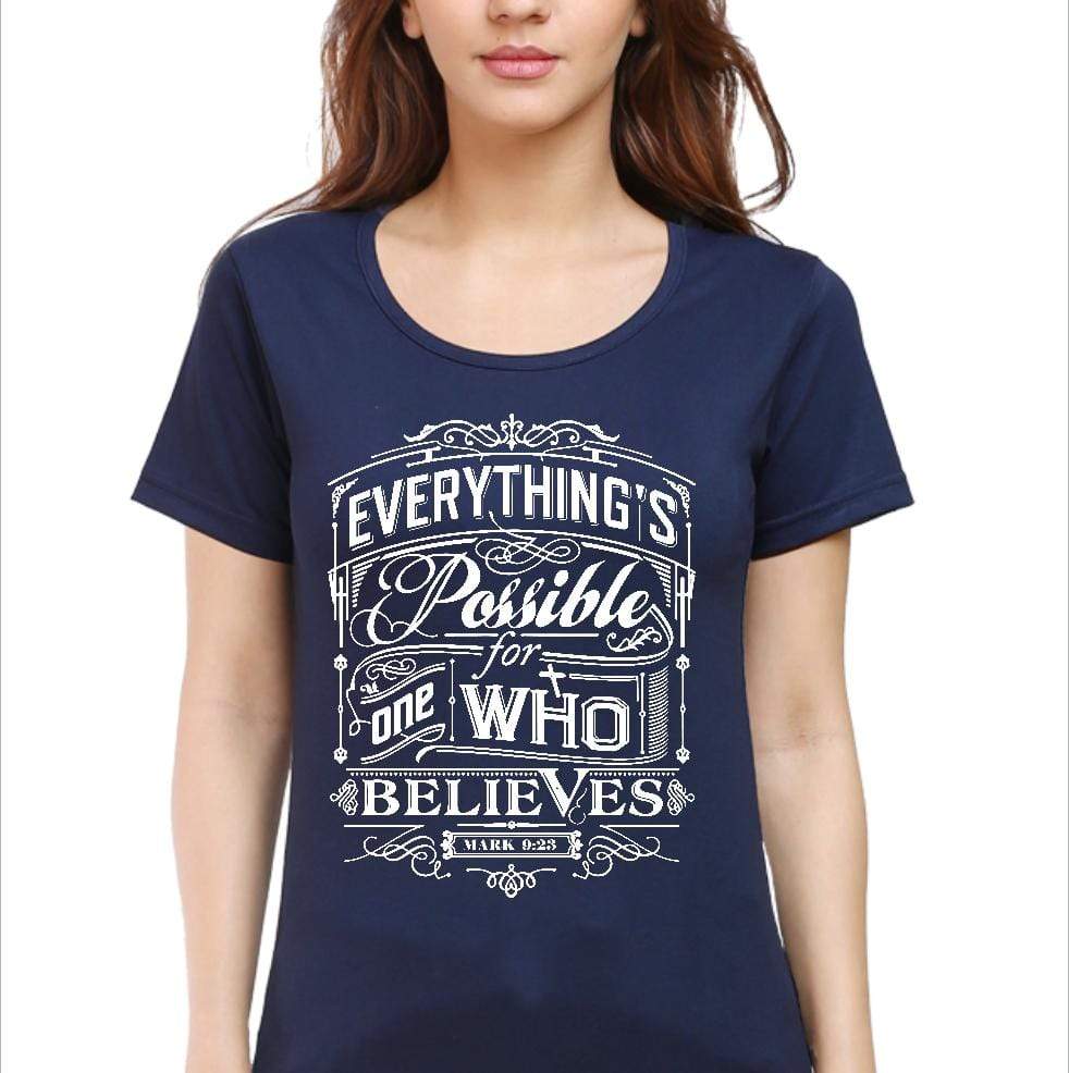 Living Words Women Round Neck T Shirt S / Navy Blue Everything possible - Christian T-Shirt