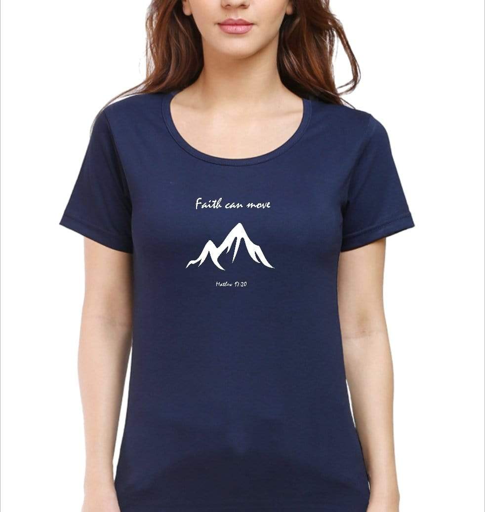 Living Words Women Round Neck T Shirt S / Navy Blue Faith can Move - Christian T-Shirt