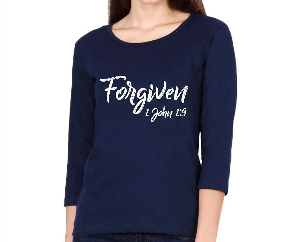 Living Words Women Round Neck T Shirt S / Navy Blue Forgiven 1 John 1:9