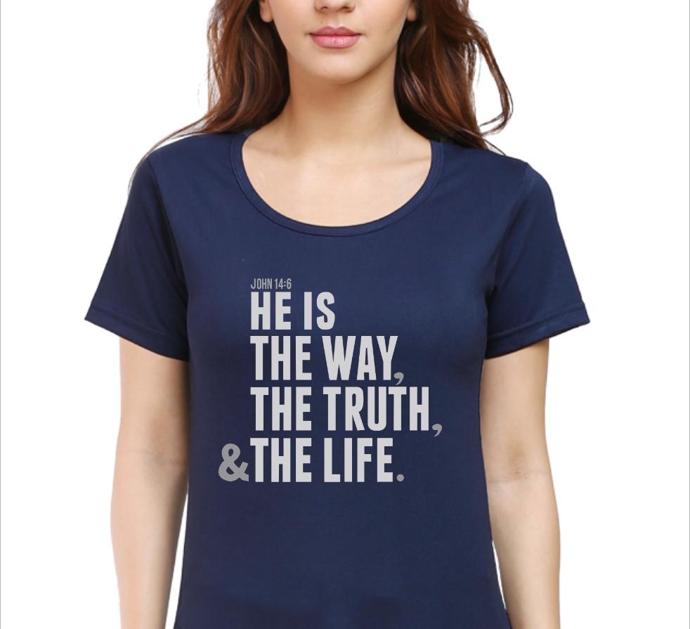 Living Words Women Round Neck T Shirt S / Navy Blue He is the way - Christian T-Shirt